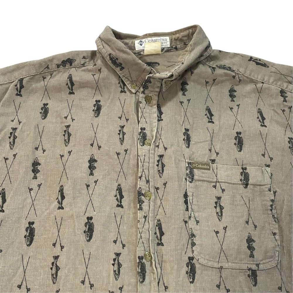 Vintage Columbia Sportswear Mens XXL Corduroy Fishing Shirt Tan Fish Print